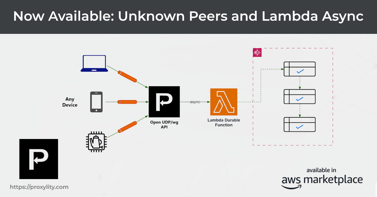 Diagram showing open WireGuard endpoint accepting any peer and async Lambda workflow
